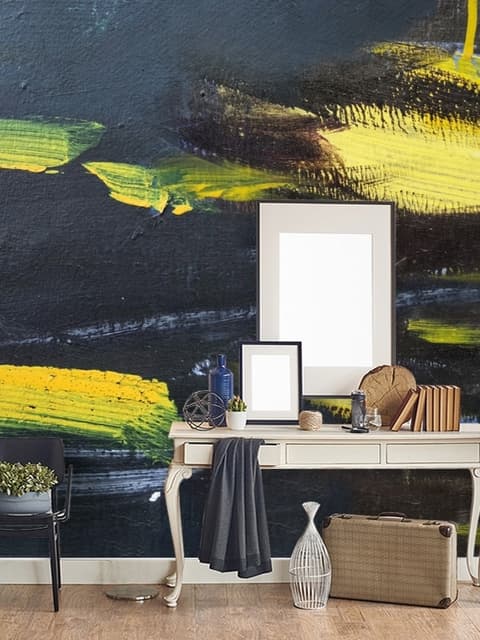 Papier peint panoramique éclaboussures noir et jaune effet peinture à l’huile