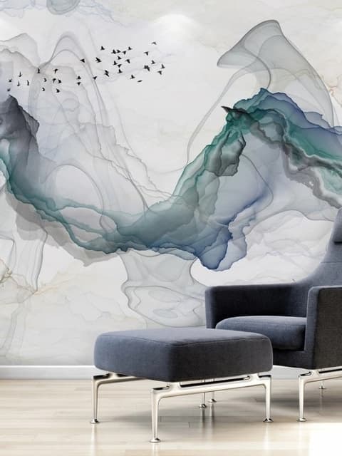 Papier peint panoramique abstrait de fumée colorée et d'arbres