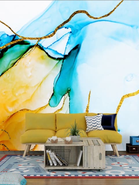 Blue Yellow Watercolor Brush with Modern Lines Wallpaper Mural