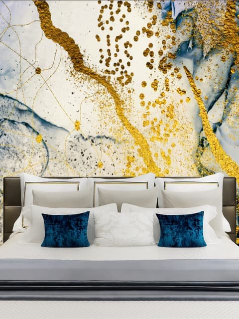 Dark Blue Ocean Brushes with Gold Style Waves Wallpaper Mural