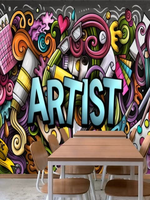 Drawing Graffiti Artist with Colorful Painting Wallpaper Mural