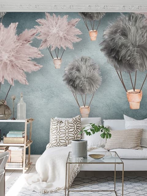 Gray Pink Feather Hot Air Balloon Wallpaper Mural