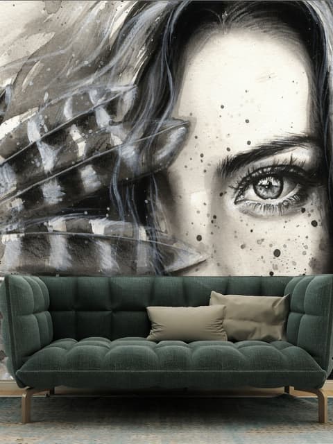 Monochrome Portrait Girl with Black Feathers Wallpaper Mural