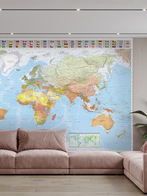 Papier peint panoramique de la carte du monde politique et des drapeaux de pays