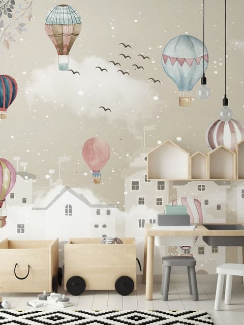 Kids Nursery Cartoon Winter and Little Hot Air Balloon Wallpaper Mural