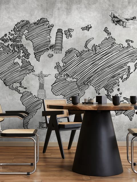 Monochrome World Map Wallpaper Mural