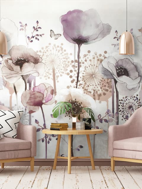 Watercolor Dark Poppy Flowers Wallpaper Mural