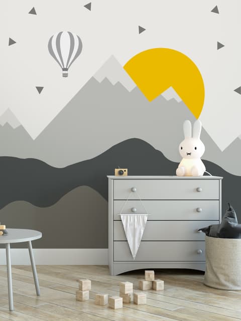 Kids Gray Geometric Mountainscape and Hot Air Balloon Wallpaper Mural