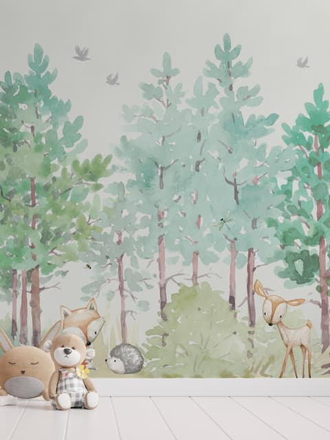 Aquarell Grüner Wald mit niedlichem Fuchs, Igel und Elch Fototapete