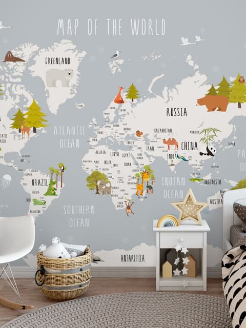 Kids World Map with Cartoon Animals Wallpaper Mural