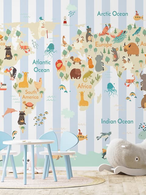Papier peint panoramique carte monde animaux motif rayé enfants