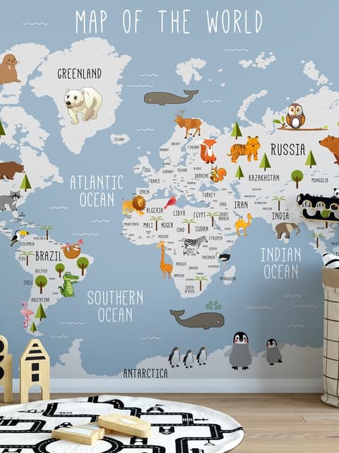 Kids World Map with Animals Wallpaper Mural
