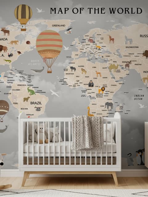 Papier peint carte monde montgolfière vintage enfants