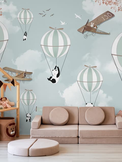 Fototapete mit Cartoon-Pandas und Heißluftballons