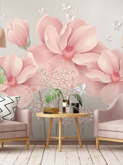 Papier peint panoramique rose Hdrangea floral avec petit papillon