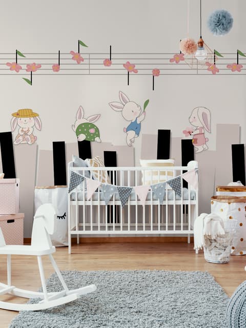 Papier peint panoramique piano avec lapins cartoon