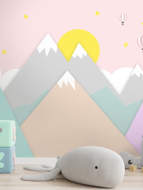 Pink Mountainscape and Hot Air Balloon Wallpaper Mural