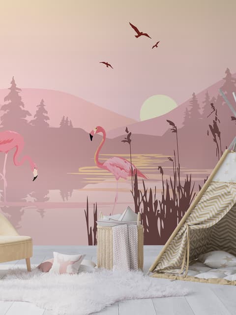 Pink Sunrise Landscape with Flamingos Wallpaper Mural
