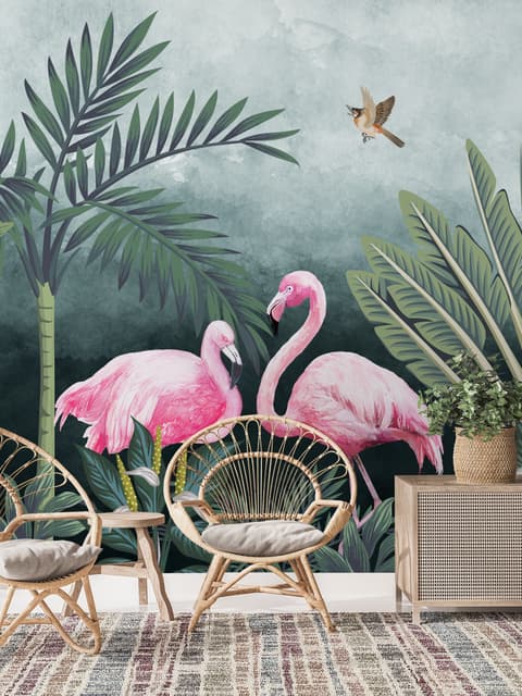 Pink Flamingo mit Vintage-Wald Fototapete