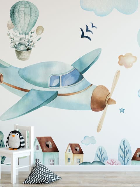 Watercolor Cartoon Village and Airplane Wallpaper Mural