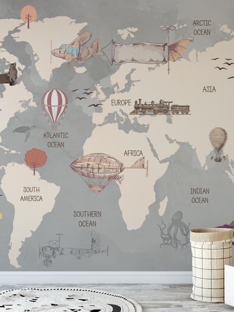 Papier peint panoramique pour enfants avec avion et montgolfière