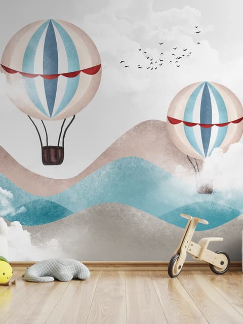 Kids Blue Brown Mountainscape with Hot Air Balloon Wallpaper Mural