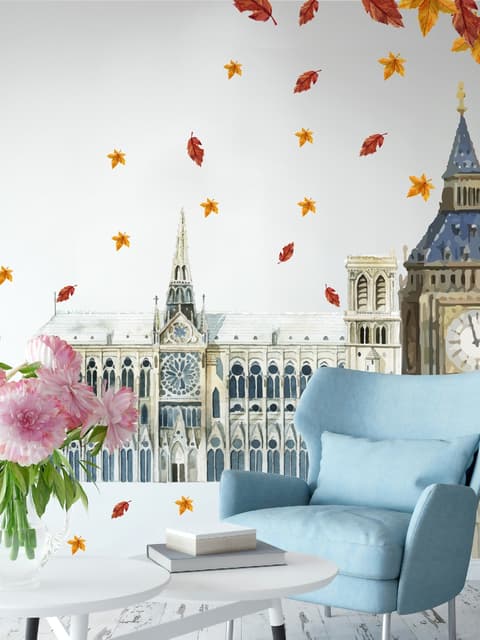 London Big Ben and Westminster with Autumn Leaves Wall Decal Sticker