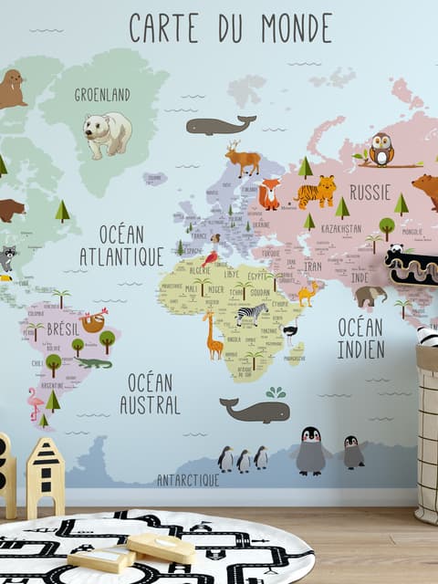  Carte éducatif en Français - Papier peint carte du monde éducative avec animaux pour enfants et bébé
