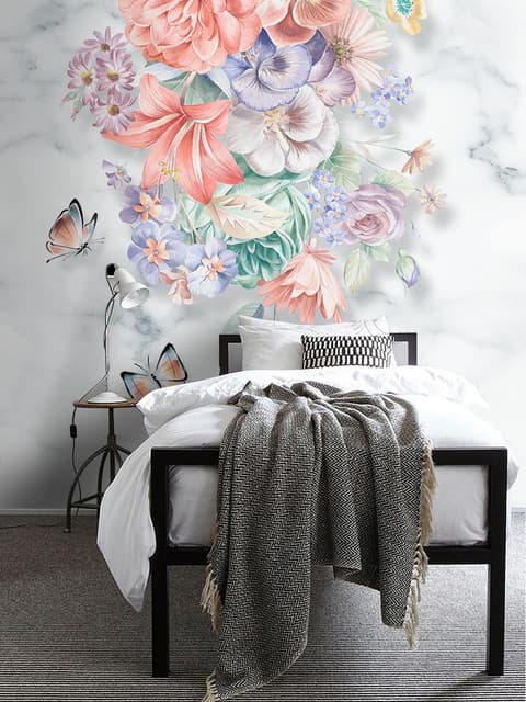 Papier peint panoramique bouquet floral boho motif marbre