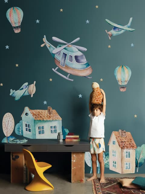 Kids Cartoon Village for Boys Watercolor Aircraft and Hot Air Balloon Wall Decal Sticker