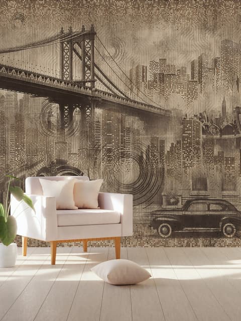 European Vintage City with Brooklyn Bridge Wallpaper Mural