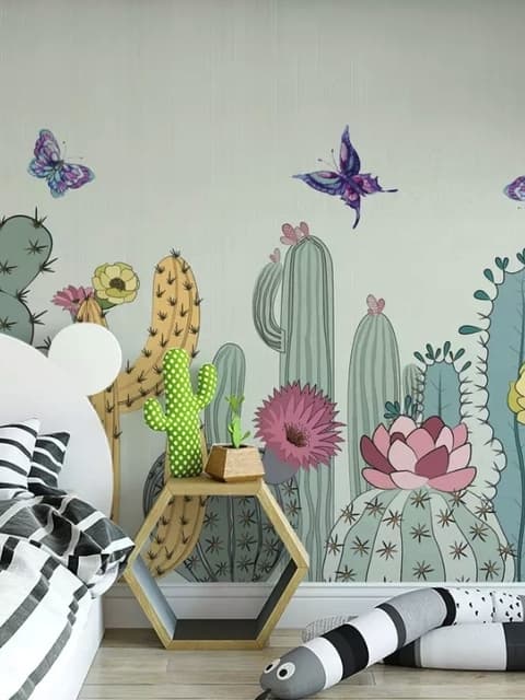 Papier peint panoramique cactus et papillons aquarelle