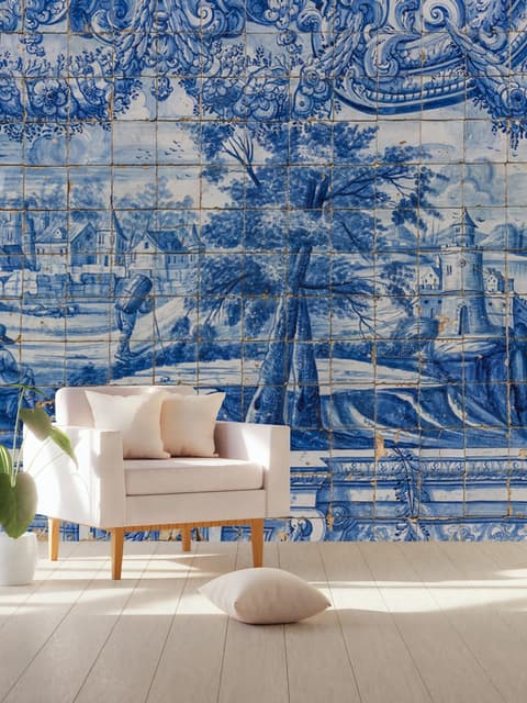 Blue Chinoiserie with Brush Tile Pattern Wallpaper Mural