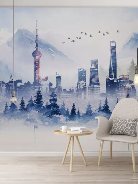 Watercolor Skyscraper Landscape Wallpaper Mural
