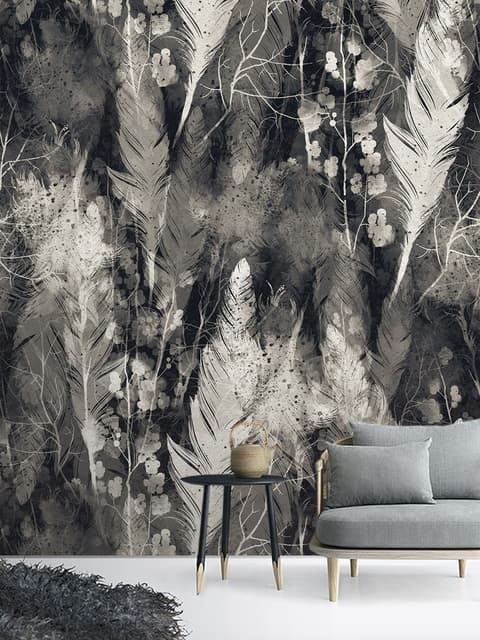 Papier peint panoramique monochrome à plumes sombres