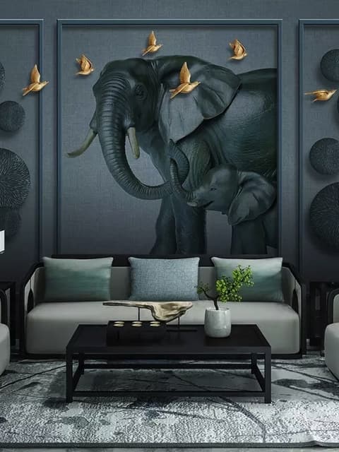 3D Geprägter Look Dunkler Elefant und Vögel Fototapete