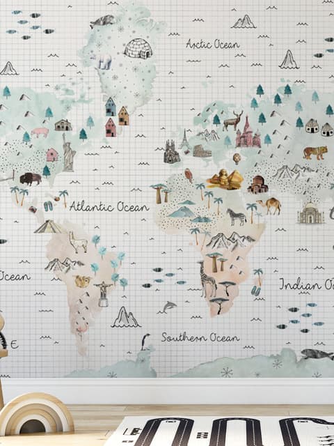 Kids Map with Little Animals Wallpaper Mural
