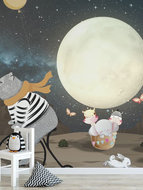 Fototapete mit Cartoon-Bär und niedlichem Kaninchen mit Mond