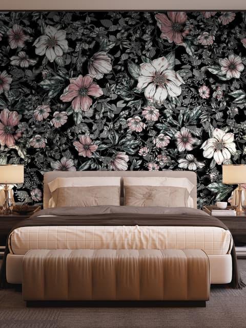 Papier peint panoramique floral foncé avec marguerite blanche