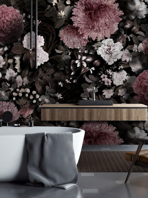 Dark Floral with Pink Chrysanthemum Wallpaper Mural