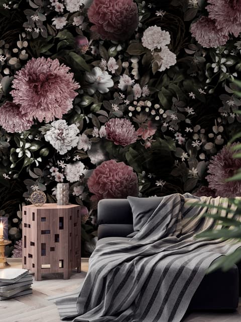 Dark Floral  Pink Chrysanthemum and Green Leaves Wallpaper Mural