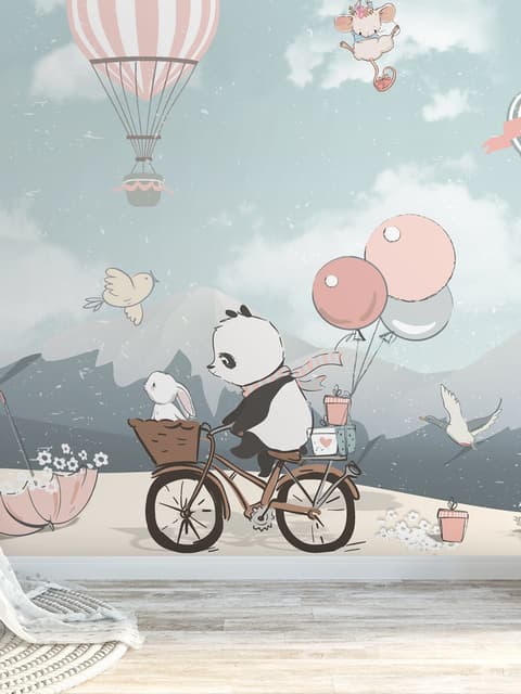 Kinder Fototapete: Süßer Panda auf Fahrrad mit Heißluftballon