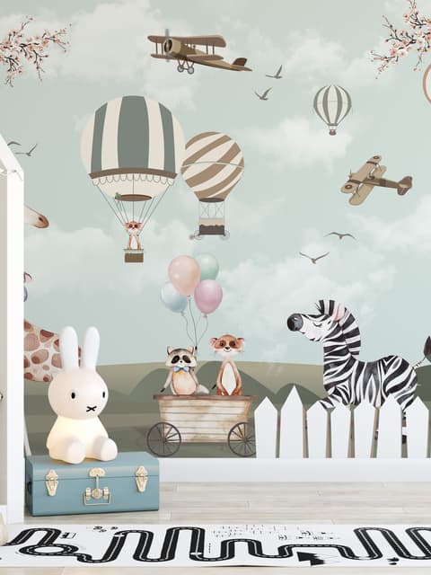 Kids Woodland Animals with Vintage Aircraft and Windmill Wallpaper Mural