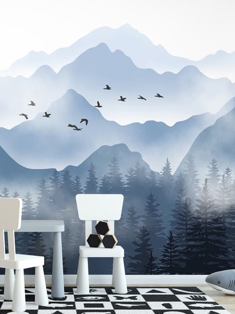 Monochrome Mountainscape with Misty Forest Wallpaper Mural