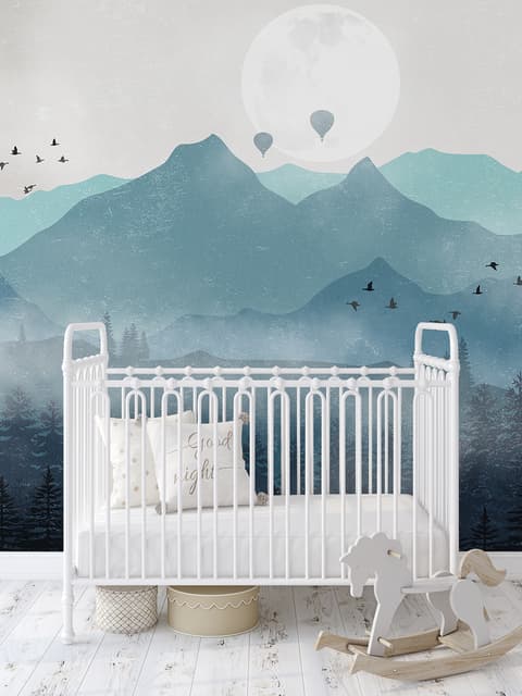 Misty Mountain Landscape with Moon Wallpaper Mural