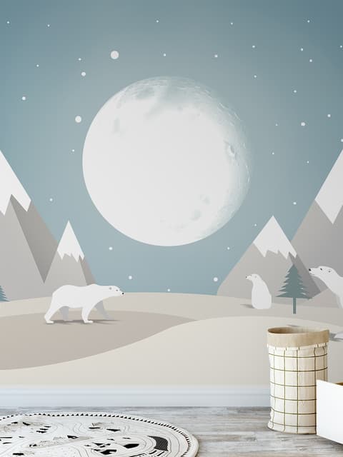 Kinderfototapete mit Berglandschaft, Vollmond und weißen Bären