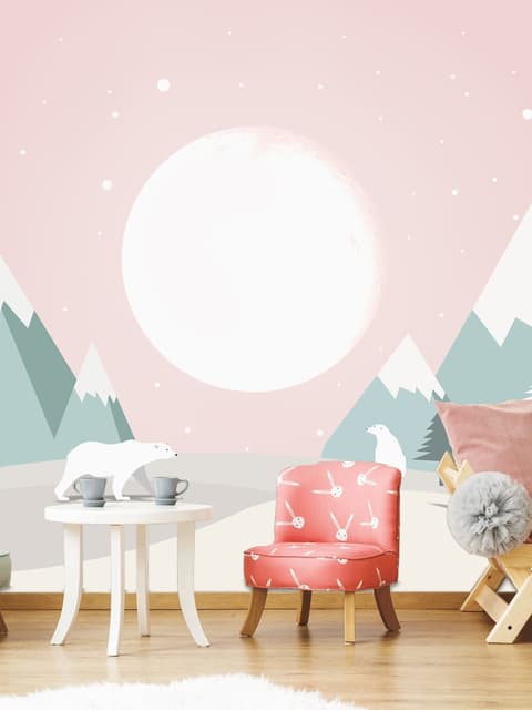 Papier peint panoramique pour enfants avec des ours mignons et un ciel rose
