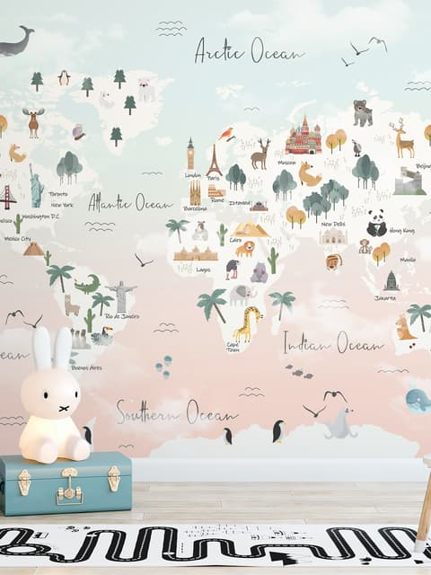 Kids Pink World Map with Cute Animals and Little Balloons Wallpaper Mural