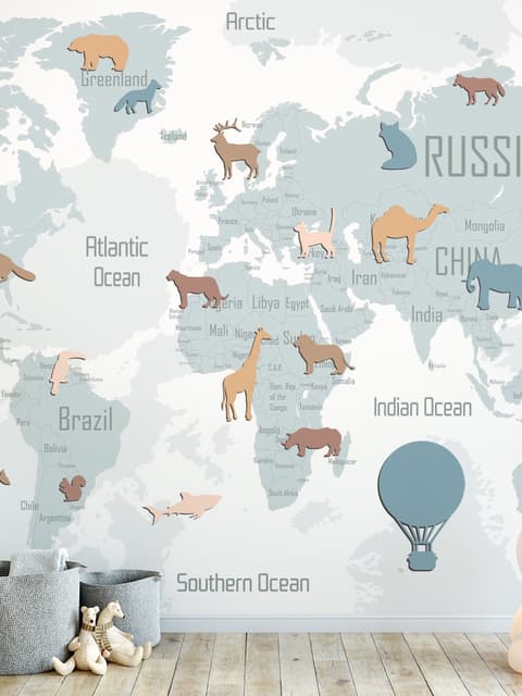 Kids Blue Political World Map with Colorful Animal Silhouette Wallpaper Mural