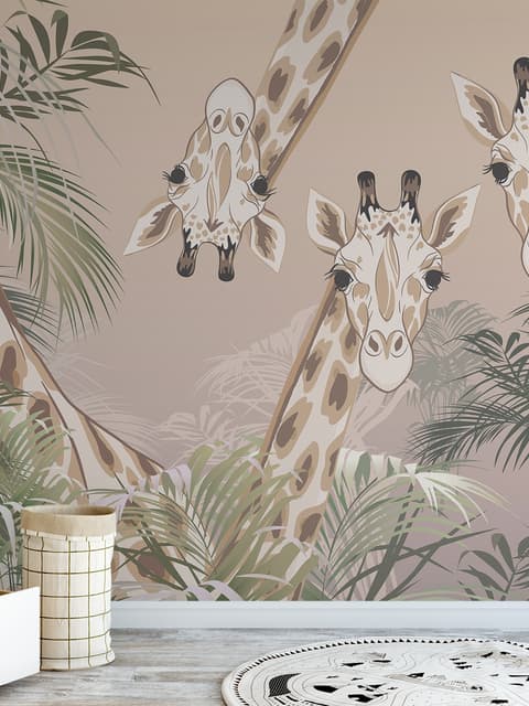 Cute Giraffes Between Tropical Leaves Wallpaper Mural